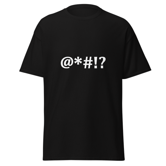 Musta unisex huumoripaita, jossa valkoinen printti @#!? – symbolinen sensuuri-reaktio, joka viittaa ärsyyntymiseen tai äkkiväärään tunteeseen. Minimalistinen ja tyylikäs – kielletään kaikki