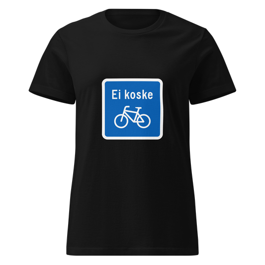 Musta naisten soft t-paita, jossa sininen 'Ei koske' -liikennemerkki ja polkupyörä-symboli. Säännöt on tehty kyseenalaistettaviksi – ja tämä paita tekee sen tyylillä. Kielletään Kaikki -verkkokaupan röyhkeä humoristinen klassikko.