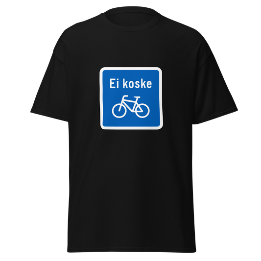 Musta unisex t-paita, jossa sininen neliömäinen liikennemerkki. Kyltissä lukee "Ei koske", ja sen alapuolella on valkoinen polkupyöräsymboli. Statement-paita niille, jotka haluavat kyseenalaistaa sääntöjä myös pukeutumalla. Osa Kielletään Kaikki -malliston ironista streetwearia.