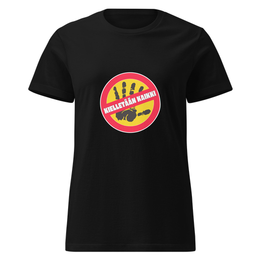 Musta naisten soft-style huumoripaita, jossa punainen liikennemerkkityylinen painatus. Keltaisella pohjalla musta käsi torjuvassa asennossa ja valkoinen teksti: "KIELLETÄÄN KAIKKI"