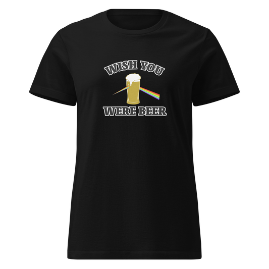 Naisten musta Kielletään Kaikki! softstyle t-paita, printti "Wish You Werebeer", oluttuoppi sateenkaaren väreillä. Kesäinen huumoriolopaita terassille ja juhliin. | kielletään kaikki