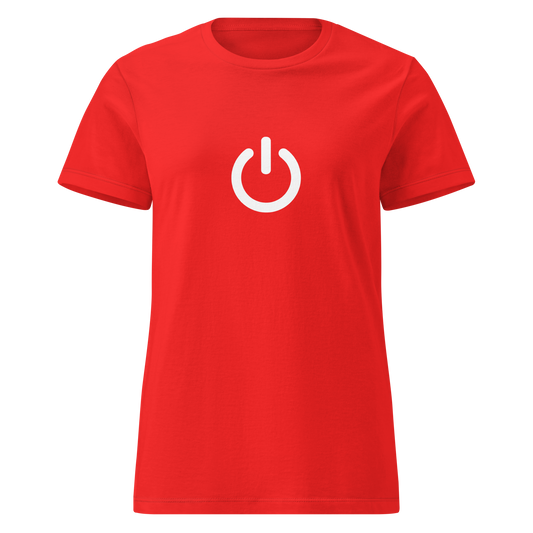 Punainen naisten soft-style t-paita, jonka rintamuksessa on valkoinen virtanappi-ikoni. Minimalistinen printti modernilla ilmeellä. Paita myötäilee vartaloa kevyesti.