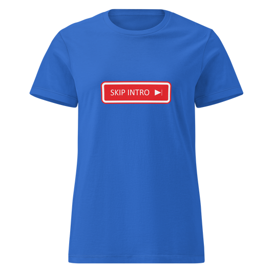 Sininen naisten soft t-paita, jossa punainen painike 'SKIP INTRO'. Lyhyt tie asiaan Kielletään Kaikki -mallistosta.