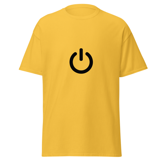 Keltainen Unisex t-paita, jossa rinnassa iso musta virtanappulan symboli.