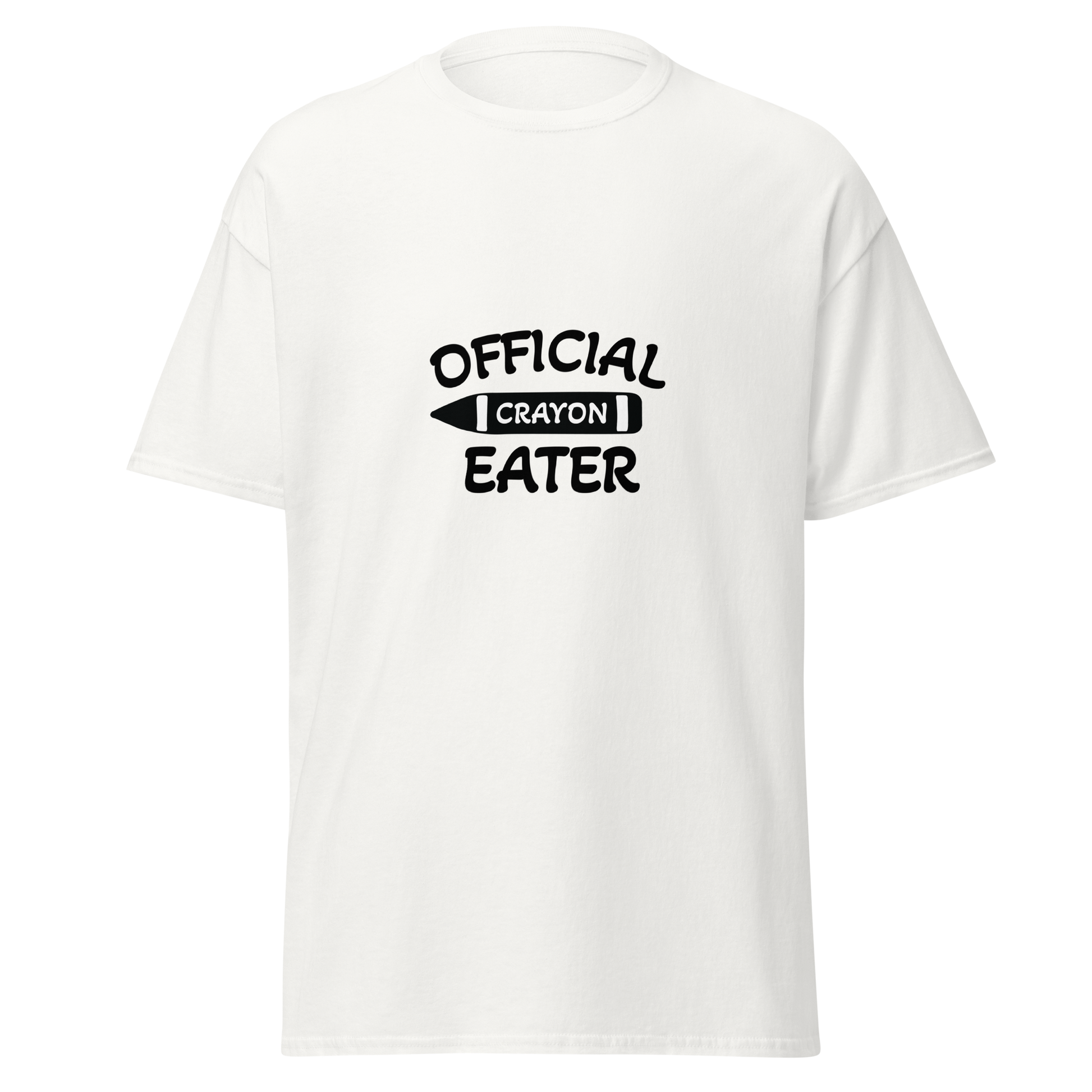 Valkoinen t-paita, jonka etupuolella on musta teksti "OFFICIAL CRAYON EATER" ja keskellä iso vahakynän kuva.