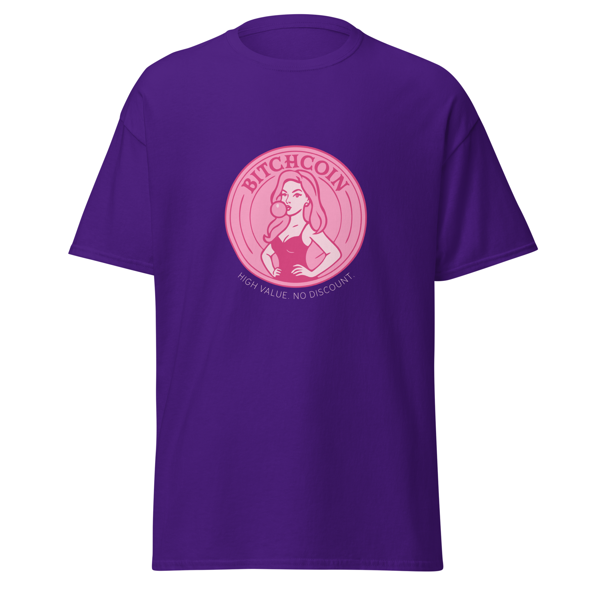 Liila unisex t-paita, jossa pinkki kolikkokuvio. Kolikossa pin-up-tyylinen nainen puhaltaa purkkapalloa ja lukee "BITCHCOIN – High value. No discount."
