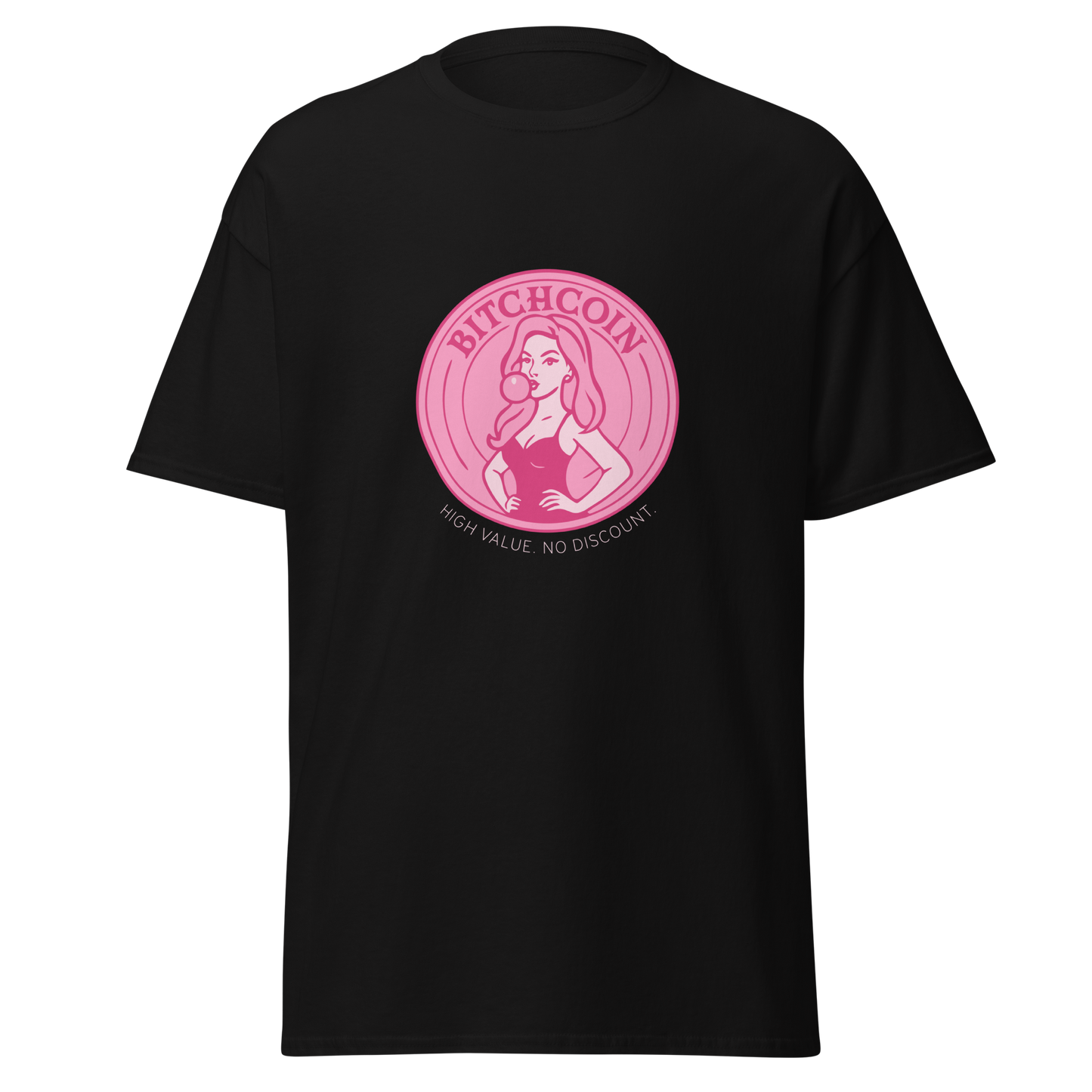 Musta unisex t-paita, jossa pinkki kolikkoprintti. Kolikossa pin-up-tyylinen nainen puhaltaa purkkapalloa ja teksti "BITCHCOIN – High value. No discount."