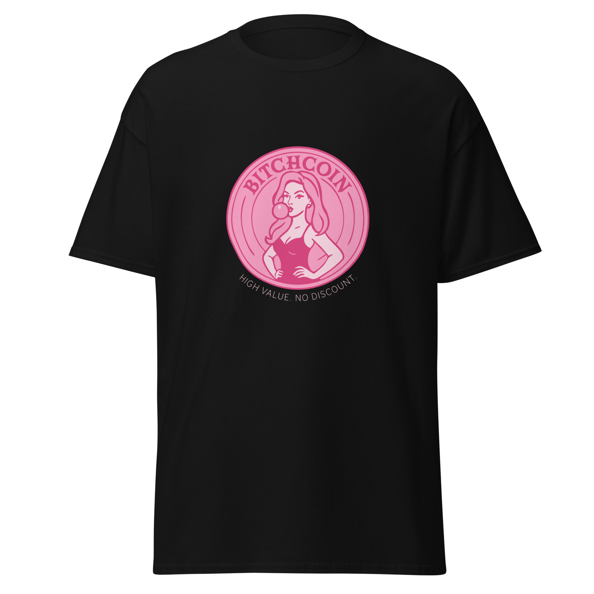Musta unisex t-paita, jossa pinkki kolikkoprintti. Kolikossa pin-up-tyylinen nainen puhaltaa purkkapalloa ja teksti "BITCHCOIN – High value. No discount."