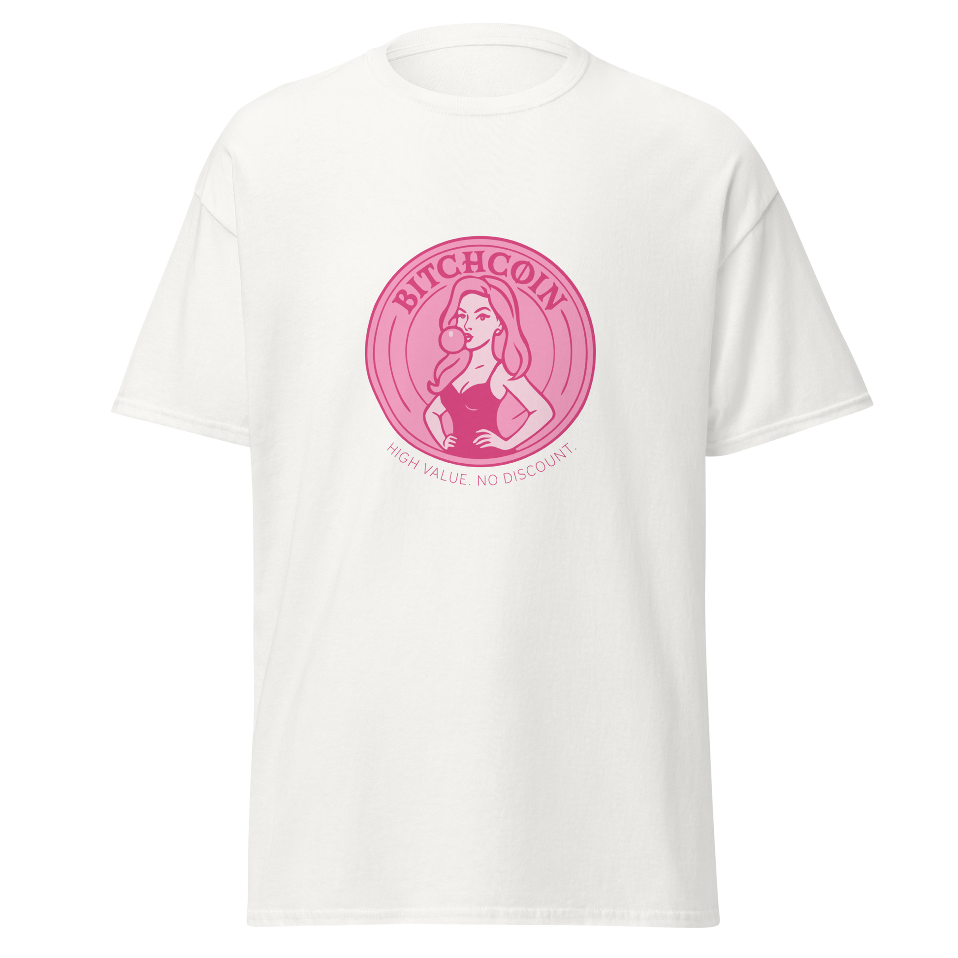 Valkoinen unisex t-paita, jossa vaaleanpunainen kolikkoprintti. Kuvassa pin-up-henkinen nainen puhaltaa purkkapalloa, tekstillä "BITCHCOIN – High value. No discount."