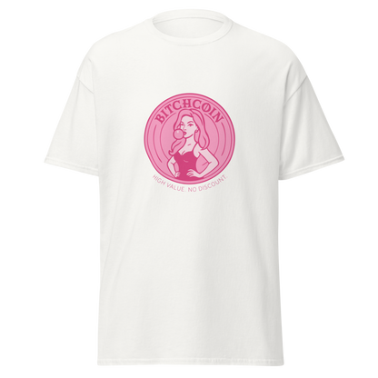 Valkoinen unisex t-paita, jossa vaaleanpunainen kolikkoprintti. Kuvassa pin-up-henkinen nainen puhaltaa purkkapalloa, tekstillä "BITCHCOIN – High value. No discount."