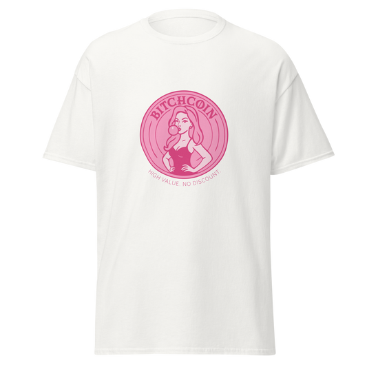 Valkoinen unisex t-paita, jossa vaaleanpunainen kolikkoprintti. Kuvassa pin-up-henkinen nainen puhaltaa purkkapalloa, tekstillä "BITCHCOIN – High value. No discount."