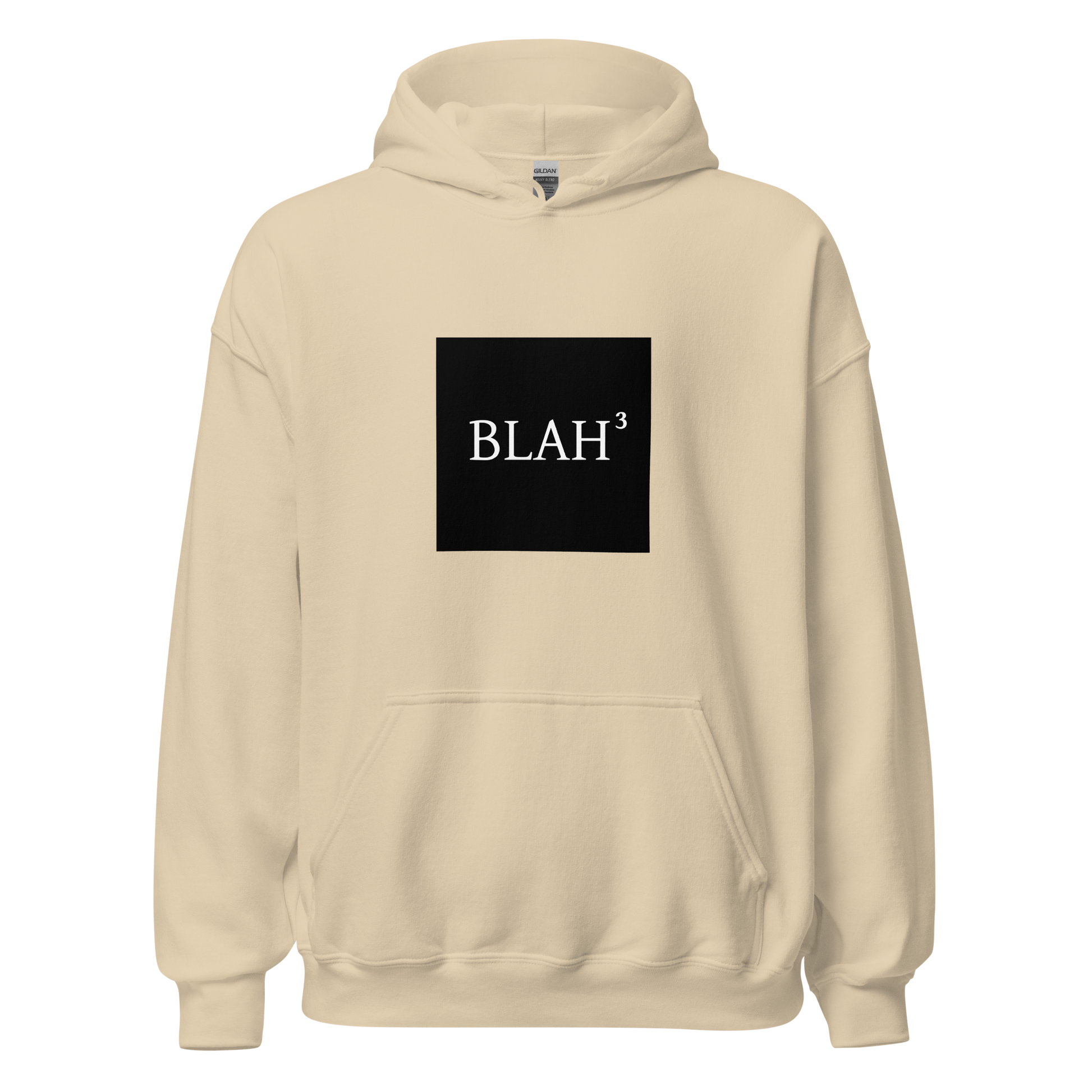 Beige unisex-huppari, jossa keskellä musta neliö ja teksti "BLAH³". Rentoa tylsistymistä lämpimässä paketissa.