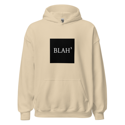 Beige unisex-huppari, jossa keskellä musta neliö ja teksti "BLAH³". Rentoa tylsistymistä lämpimässä paketissa.