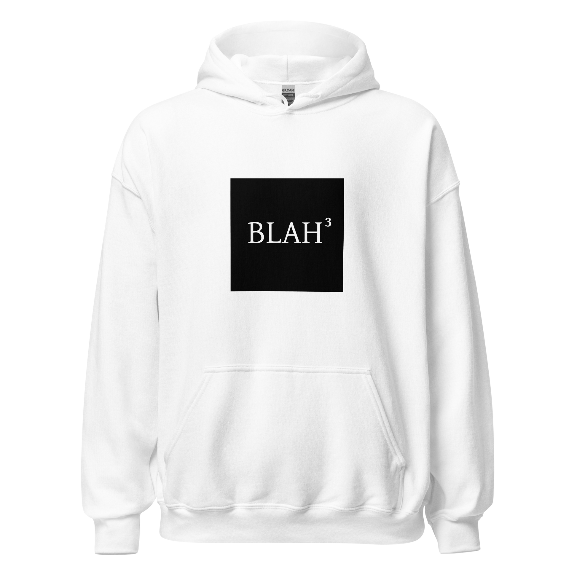 Valkoinen unisex-huppari, jossa iso musta neliöprintti ja keskellä valkoisella tekstillä "BLAH³". Minimalistinen ja tyylikkään passiivisaggressiivinen huppari.