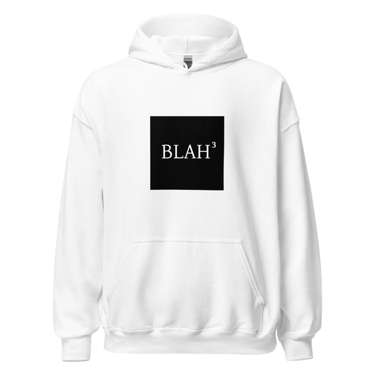 Valkoinen unisex-huppari, jossa iso musta neliöprintti ja keskellä valkoisella tekstillä "BLAH³". Minimalistinen ja tyylikkään passiivisaggressiivinen huppari.
