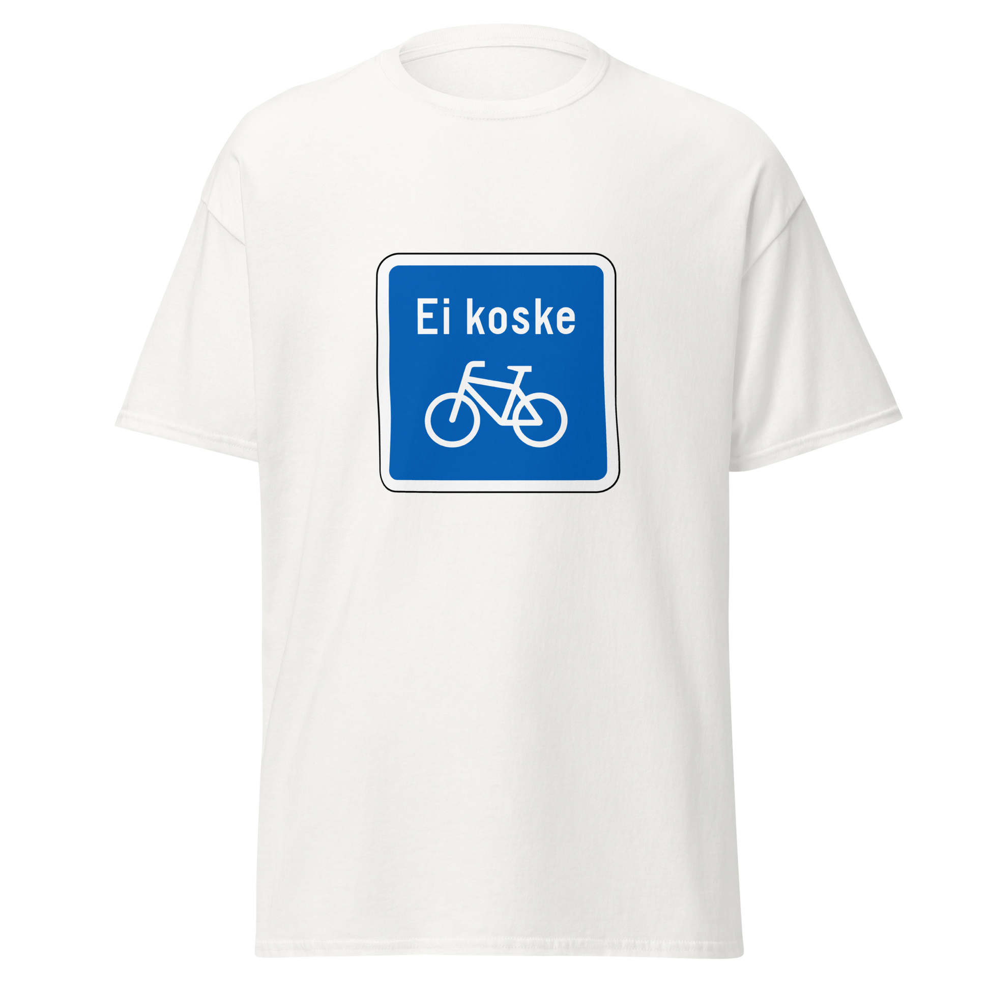 Valkoinen unisex t-paita, jossa sininen neliömäinen liikennemerkki. Kyltissä lukee "Ei koske", ja sen alapuolella on valkoinen polkupyöräsymboli. Visuaalisesti tuttu katukuvaan, nyt ironisesti painettuna paitaan. Kielletään Kaikki -malliston humoristinen klassikko.