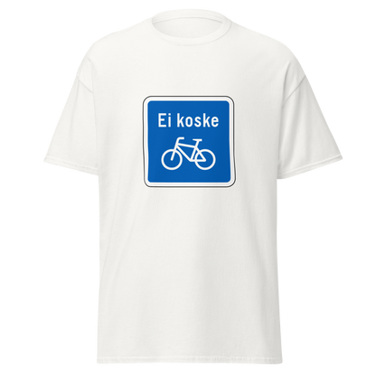 Valkoinen unisex t-paita, jossa sininen neliömäinen liikennemerkki. Kyltissä lukee "Ei koske", ja sen alapuolella on valkoinen polkupyöräsymboli. Visuaalisesti tuttu katukuvaan, nyt ironisesti painettuna paitaan. Kielletään Kaikki -malliston humoristinen klassikko.