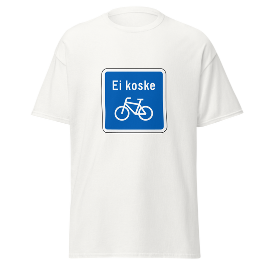 Valkoinen unisex t-paita, jossa sininen neliömäinen liikennemerkki. Kyltissä lukee "Ei koske", ja sen alapuolella on valkoinen polkupyöräsymboli. Visuaalisesti tuttu katukuvaan, nyt ironisesti painettuna paitaan. Kielletään Kaikki -malliston humoristinen klassikko.