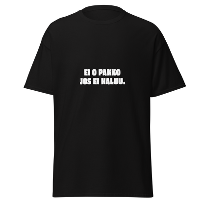 Musta unisex t-paita, jossa valkoinen teksti 'EI O PAKKO JOS EI HALUU.'. Huumoripaita niille, jotka eivät enää jaksa esittää.