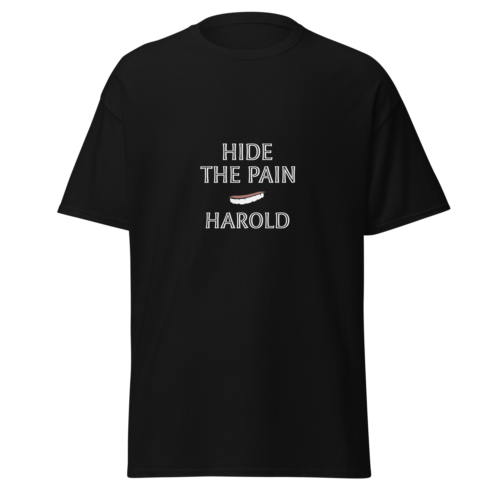 Unisex musta t-paita, jossa valkoisella tekstillä "HIDE THE PAIN HAROLD" ja Haroldin kasvoista tyylitelty hymiö printissä.