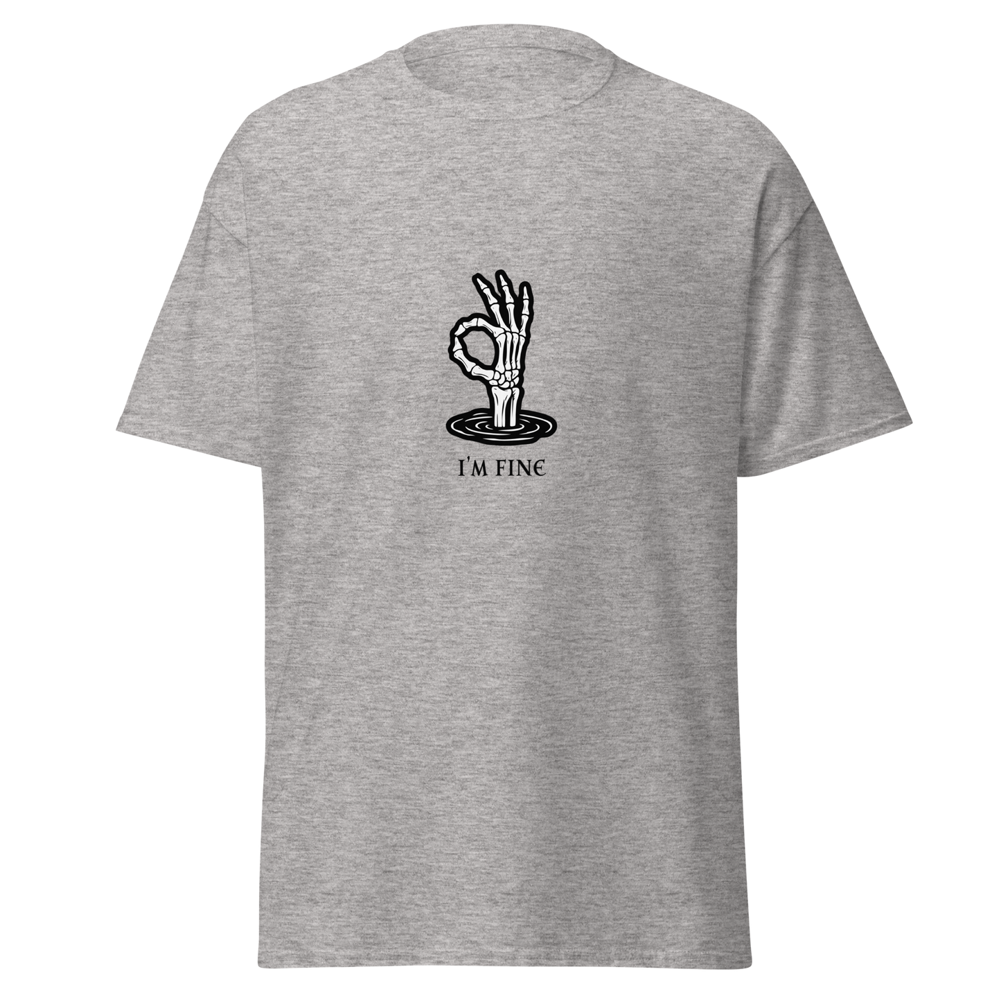 Meleerattu harmaa unisex t-paita, jossa OK-merkkiä tekevä luuranko ja ironinen teksti "I'm fine". Tämä luurankokuvio tekee paidasta iskevän arjen ironiaan.