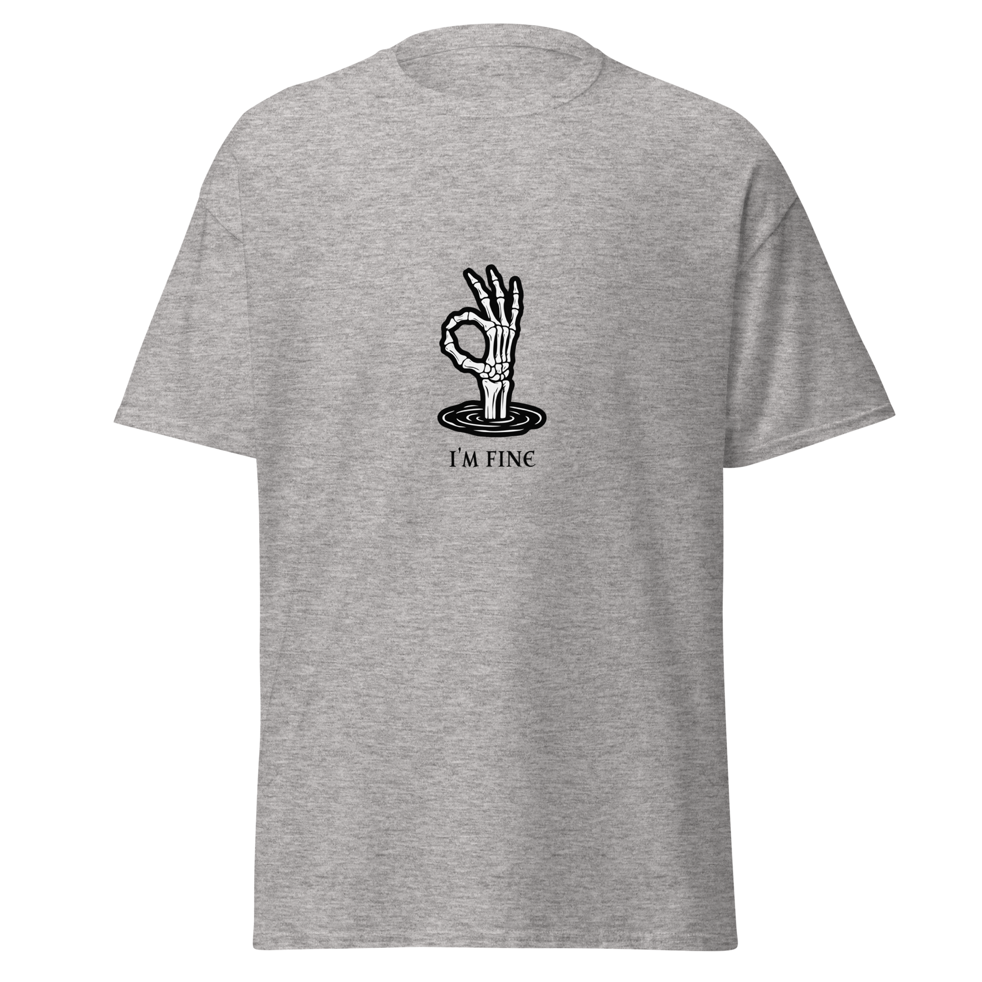 Meleerattu harmaa unisex t-paita, jossa OK-merkkiä tekevä luuranko ja ironinen teksti "I'm fine". Tämä luurankokuvio tekee paidasta iskevän arjen ironiaan.