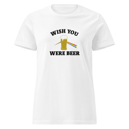 Naisten valkoinen Kielletään Kaikki softstyle t-paita, printti "Wish You Werebeer", sateenkaaritehosteinen oluttuoppi. Kevyt ja leikkisä kesäklassikko.