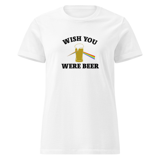 Naisten valkoinen Kielletään Kaikki softstyle t-paita, printti "Wish You Werebeer", sateenkaaritehosteinen oluttuoppi. Kevyt ja leikkisä kesäklassikko.