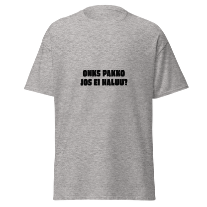 Harmaameleerattu unisex t-paita, jossa musta teksti 'ONKS PAKKO JOS EI HALUU?'. Arjen kyseenalaistava huumoriprintti Kielletään Kaikki -kaupasta.