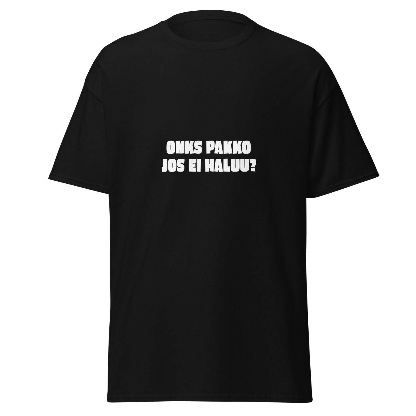 Musta unisex t-paita, valkoisella tekstillä 'ONKS PAKKO JOS EI HALUU?'. Suoraa asennetta Kielletään Kaikki -mallistosta.
