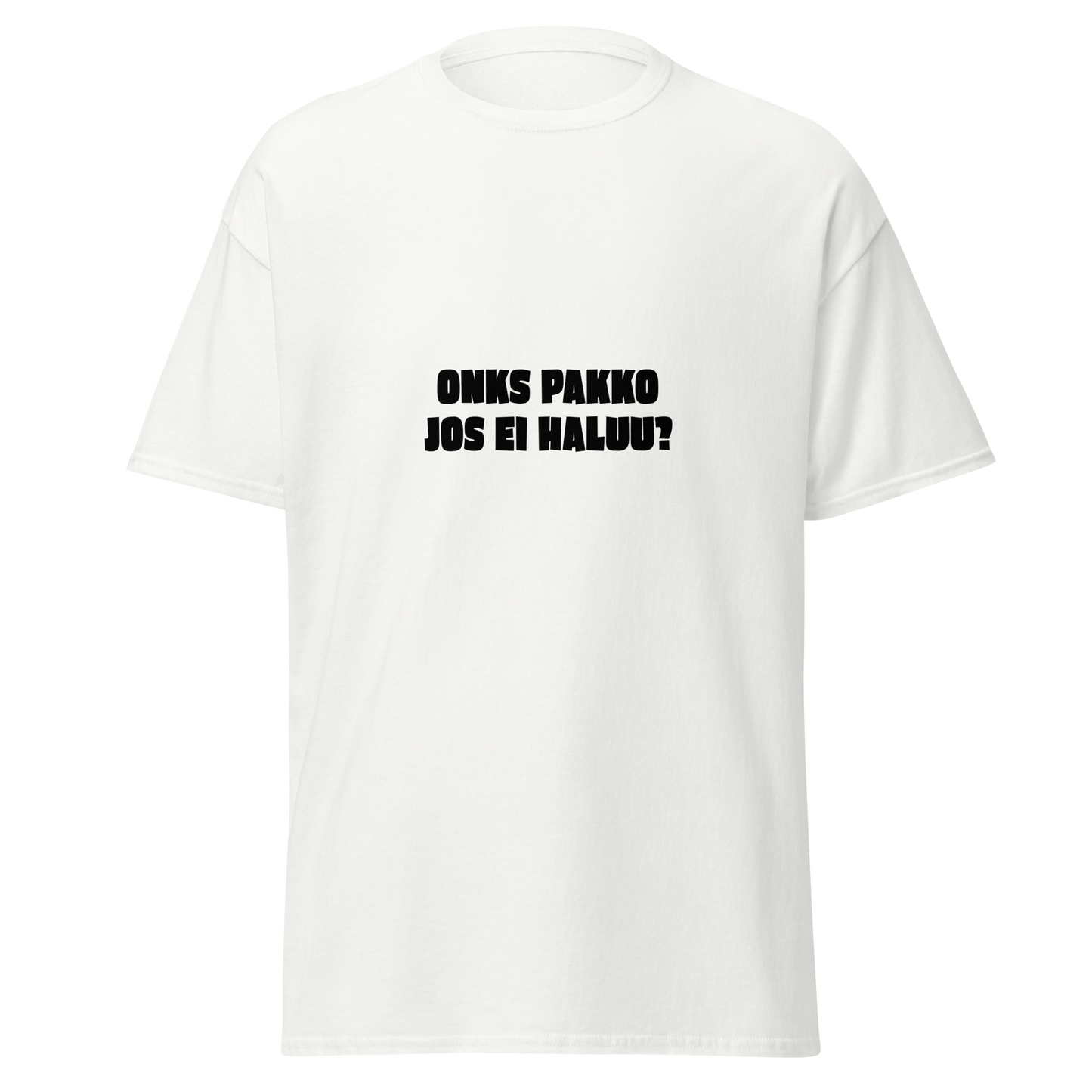 Valkoinen unisex t-paita, jossa musta teksti 'ONKS PAKKO JOS EI HALUU?'. Kielletään Kaikki -verkkokaupan passiivis-aggressiivinen klassikko.
