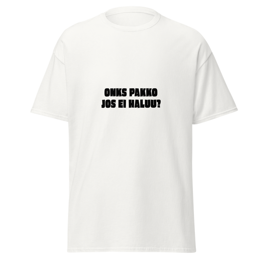 Valkoinen unisex t-paita, jossa musta teksti 'ONKS PAKKO JOS EI HALUU?'. Kielletään Kaikki -verkkokaupan passiivis-aggressiivinen klassikko.