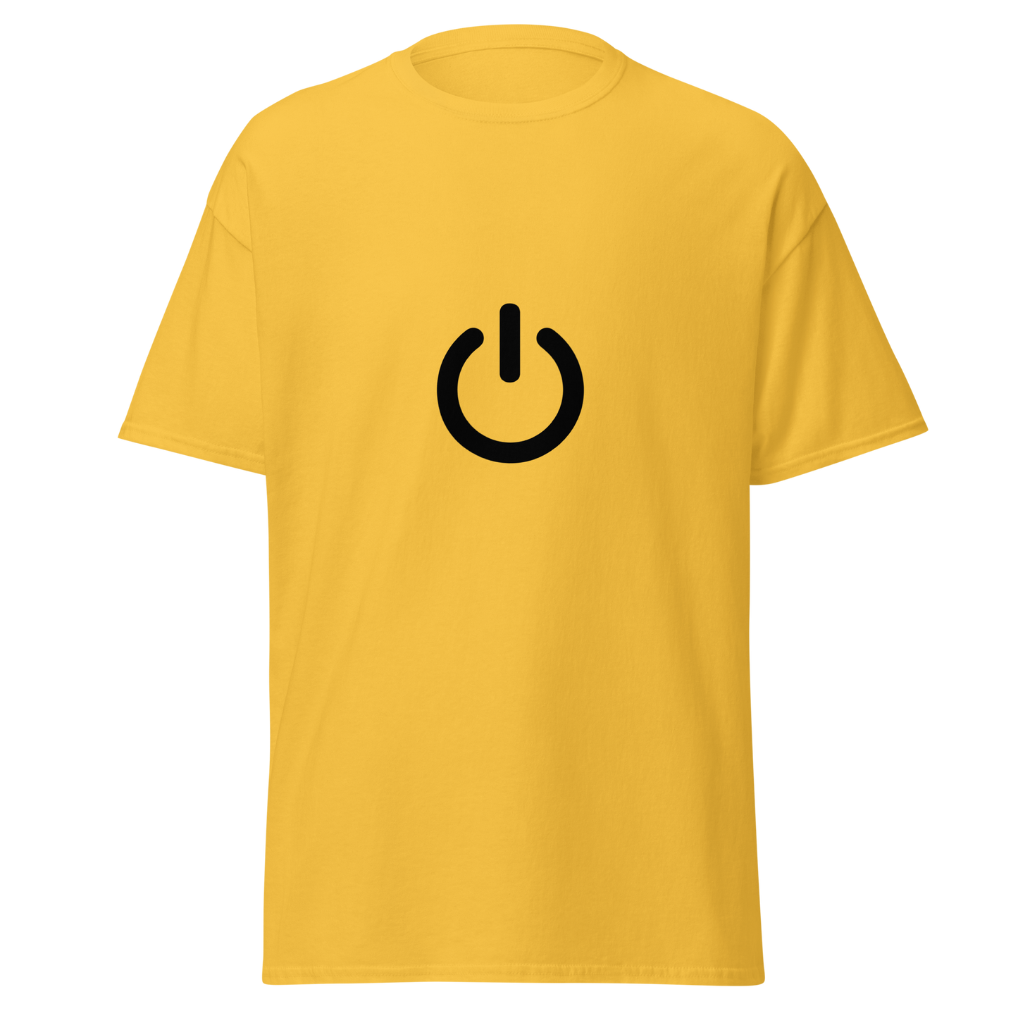 Keltainen Unisex t-paita, jossa rinnassa iso musta virtanappulan symboli.