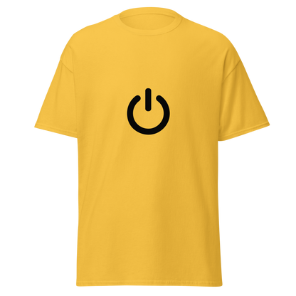 Keltainen Unisex t-paita, jossa rinnassa iso musta virtanappulan symboli.