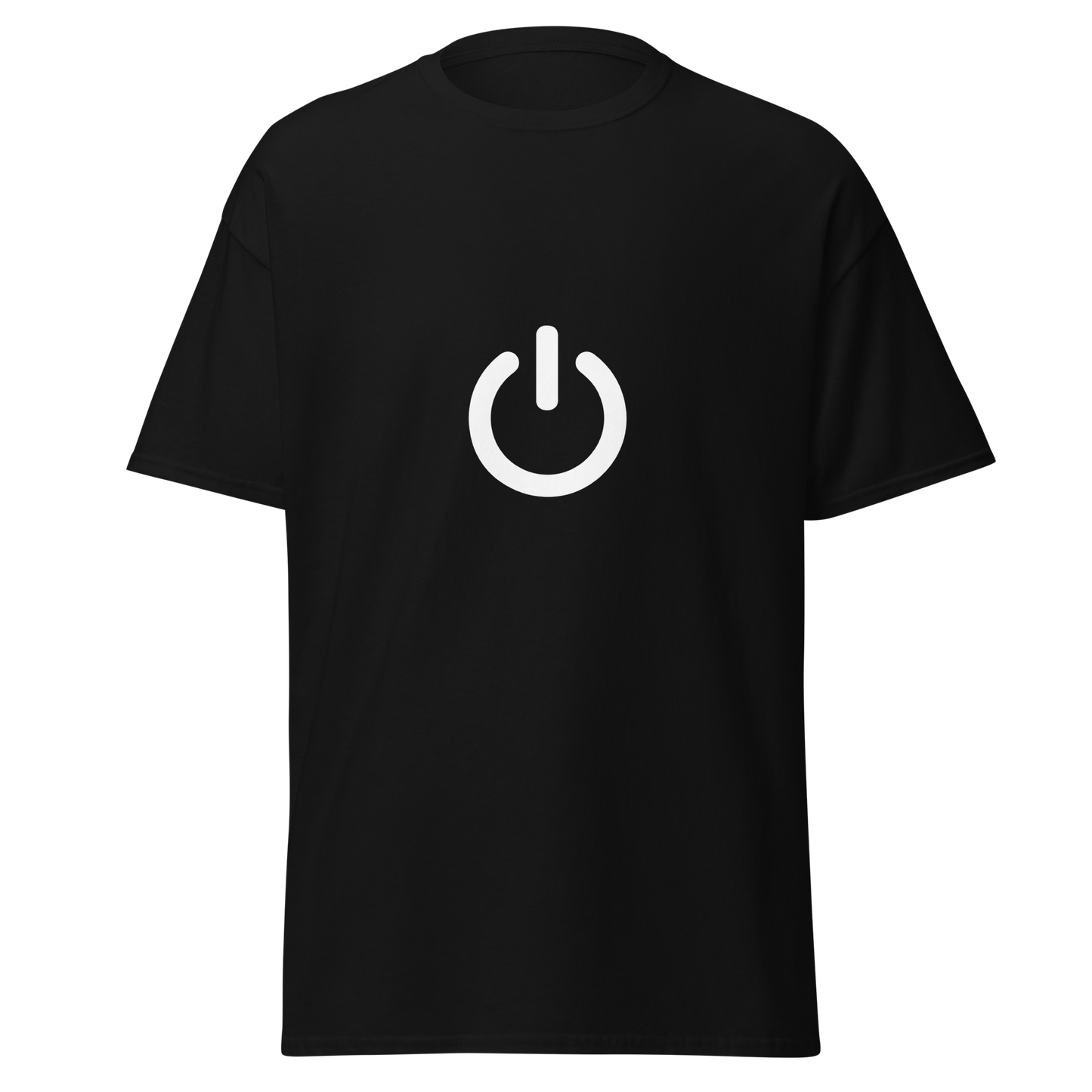 Unisex musta t-paita, jossa edessä iso valkoinen virtanappulan symboli keskellä rintaa.