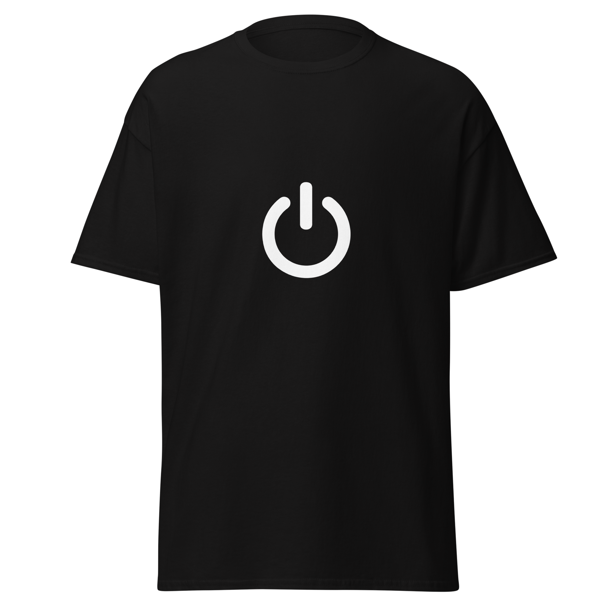 Unisex musta t-paita, jossa edessä iso valkoinen virtanappulan symboli keskellä rintaa.