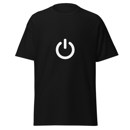 Unisex musta t-paita, jossa edessä iso valkoinen virtanappulan symboli keskellä rintaa.