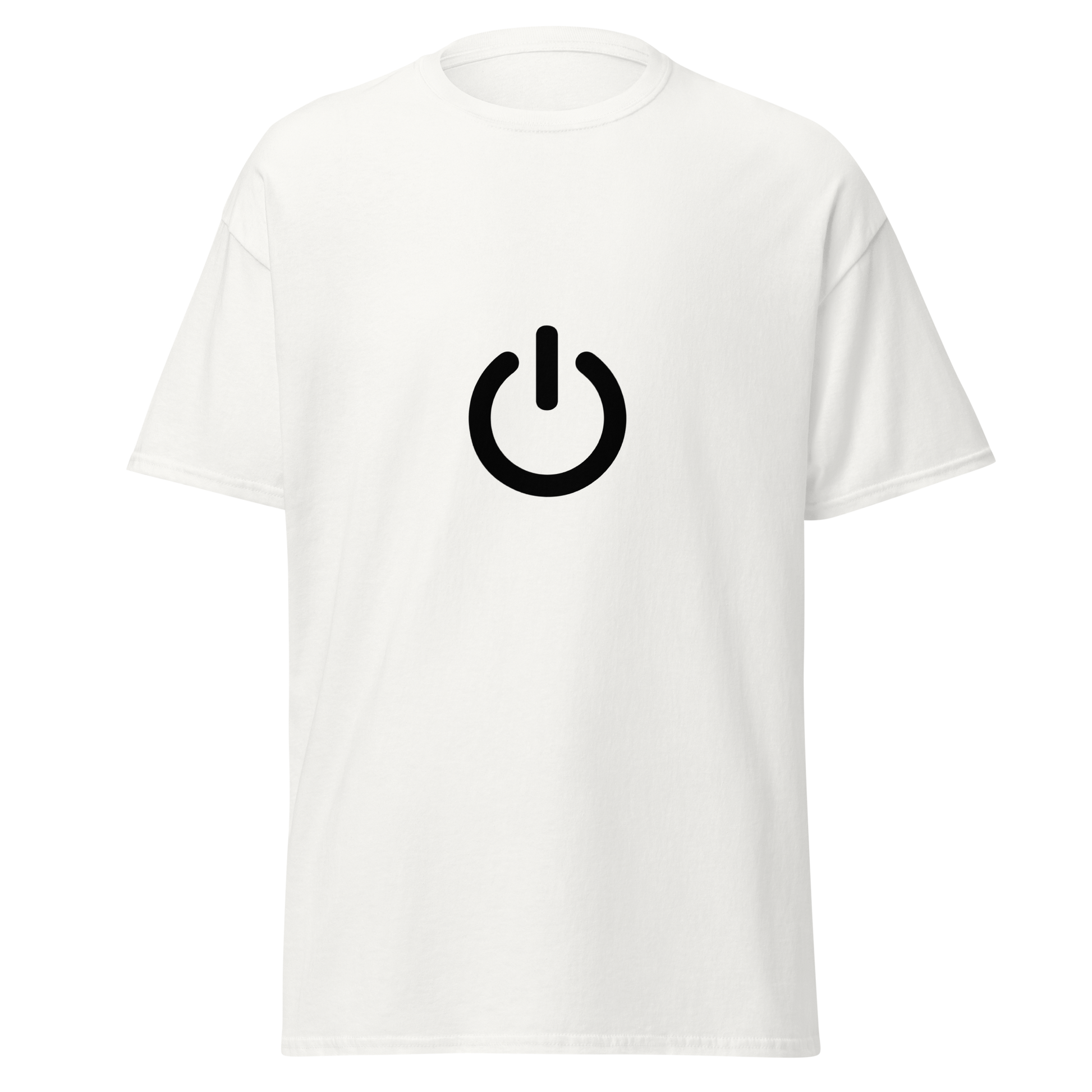 Unisex valkoinen t-paita, jossa edessä iso musta virtanappulan symboli keskellä rintaa.