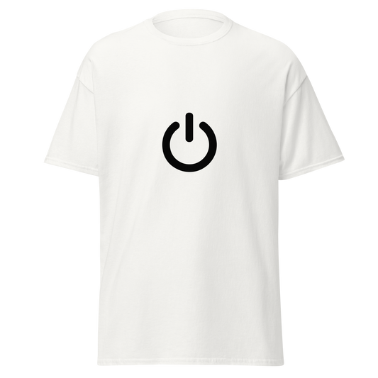 Unisex valkoinen t-paita, jossa edessä iso musta virtanappulan symboli keskellä rintaa.