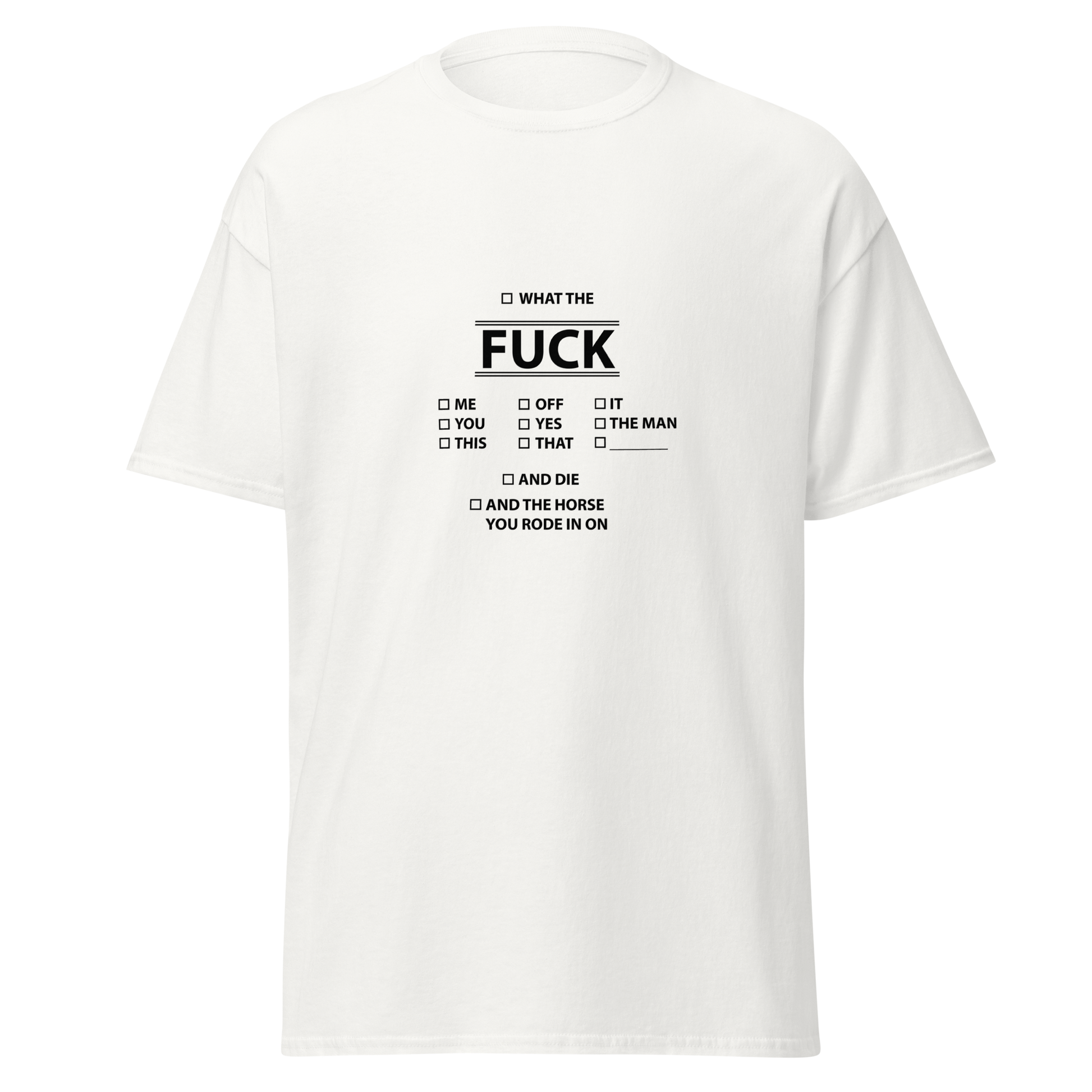 Valkoinen unisex t-paita, jossa musta sanapilvi-tyylinen printti “WHAT THE FUCK”. Minimalistinen väri ja maksimistinen asenne – täydellinen valinta kyllästyneille.