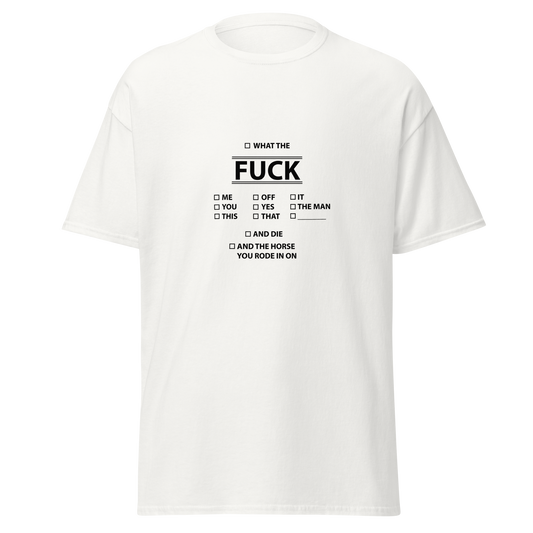Valkoinen unisex t-paita, jossa musta sanapilvi-tyylinen printti “WHAT THE FUCK”. Minimalistinen väri ja maksimistinen asenne – täydellinen valinta kyllästyneille.